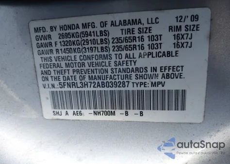 2010 Honda Odyssey Ex-L из США, поврежденный, VIN 5FNRL3H72AB039287